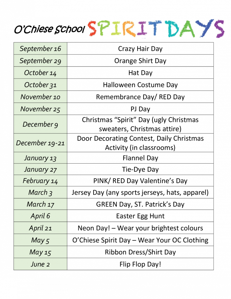 Spirit Days for the 2022-2023 school year - O'Chiese School Website